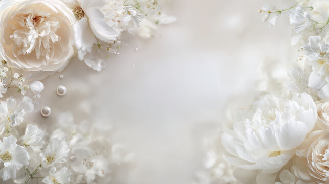 Elegant white floral wedding background with soft cream peony and rose cluster, delicate baby breath and pearl accents creating romantic dreamy atmosphere