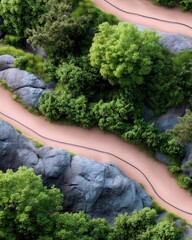 Aerial View of a Winding Path Through a Lush Landscape