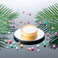 Cosmetic Powder on Mirror with Palm Leaves and Colorful Balls