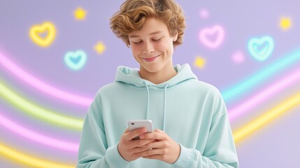 Young boy interacting with a smartphone represents digital communication, youth mobile engagement, and modern social media activity. Colorful neon icons support marketing for apps, messaging tools