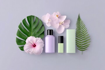 Cosmetic Products with Flowers and Leaves on Pastel Background