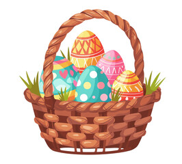 Woven wicker basket filled with colorful decorated easter eggs and green grass isolated on transparent background