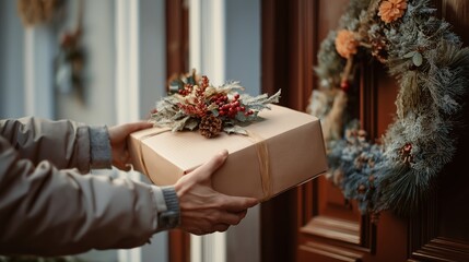 Holiday delivery, festive gifting and seasonal commerce with a decorated winter package held near a Christmas wreath. Gift services, courier campaigns, holiday promotions and seasonal e-commerce brand
