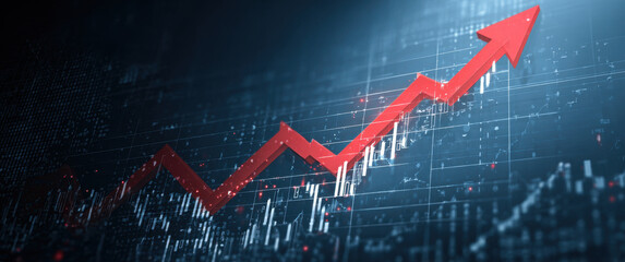 Red arrow rising over digital stock market chart showing bullish trend, candlestick pattern and data visualization conveying financial growth and investor optimism