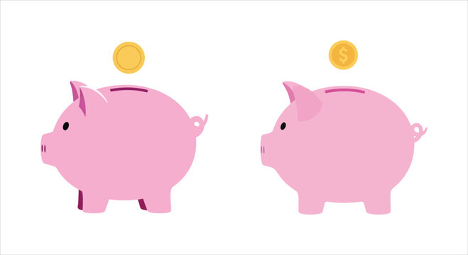 Pink piggy banks with coins dropping in, symbolizing saving money