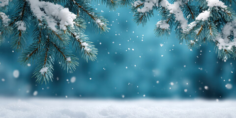 Snowy pine branch with teal blue bokeh background and falling snow creating serene winter wonderland mood