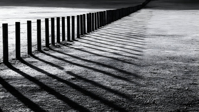 A long repeating fence-shadow pattern extending across textured ground creating calm structured minimalism