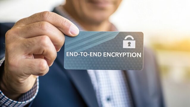 Close-Up of Man Displaying Card with End-to-End Encryption Concept in Modern Context for Security and Technology Themes - Powered by Adobe