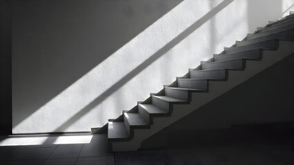 Obraz premium A modern staircase wall catching intense sunlight producing long sharp-edged shadows forming striking minimal geometry