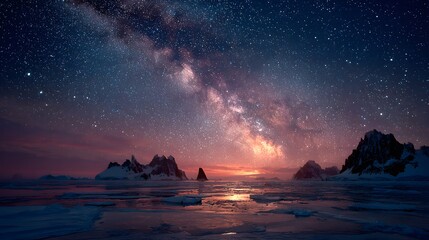 Brilliant celestial display illuminates icy mountain landscape over dark water