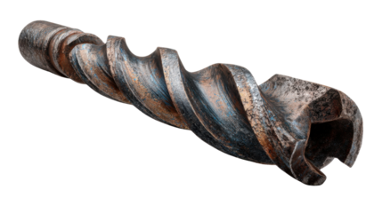Rusty metal drill bit for masonry work, showing industrial construction tools and hardware equipment, transparent background