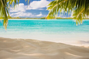 Obraz premium Tropical beach paradise landscape with palm trees, blue ocean water, and white sand, perfect for a summer travel vacation