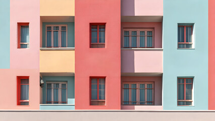 Obraz premium A pastel facade with crisp window reflections forming bold geometric blocks under harsh sunlight