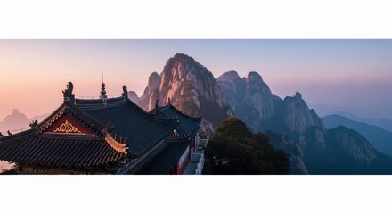 A traditional Chinese temple sits atop a mountain peak at sunset, with a dramatic sky and mountain range in the background.