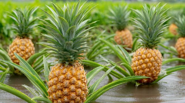 A vibrant pineapple plantation showcasing numerous ripe pineapples submerged partially in water, ready for harvest.
