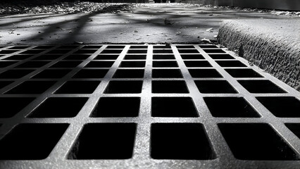 A repeating metal grate casting layered shadow patterns across ground forming structured minimal rhythm