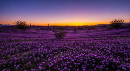 Obraz premium Vibrant Purple Wildflower Superbloom at Sunset in Arid Desert Landscape.