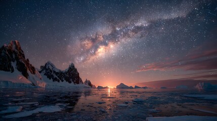 Brilliant celestial display illuminates icy mountain landscape over dark water