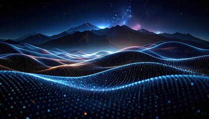 Digital waves of light undulate towards a mountain range beneath a starry night sky