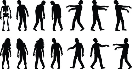Zombie evolution, horror transformation, undead silhouettes, Halloween concept, scary figures, walking dead, creepy posture, spooky art, skeleton to zombie, eerie metamorphosis