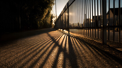 A tall fence casting dramatically stretched shadows on sloped pavement forming strong minimal perspective