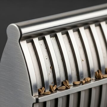 Detailed view metallic kitchen implement, seed remnants on surface plate