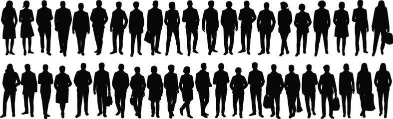 Silhouettes of diverse business professionals in various poses — corporate workforce concept for diversity, demographics, and professional environments