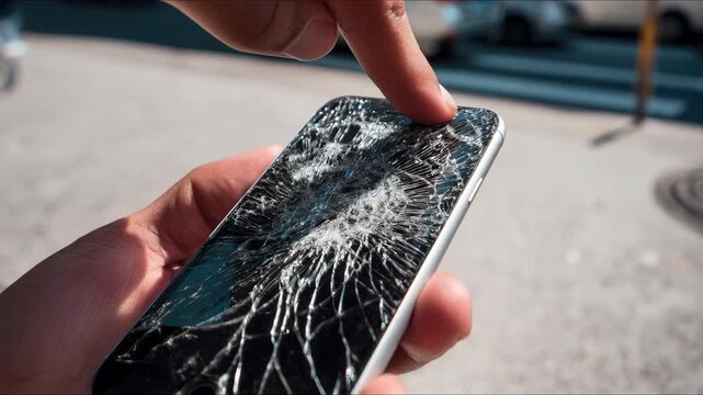 Close-up of Hands Inspecting Shattered Smartphone Screen with Severe Cracks on City Street