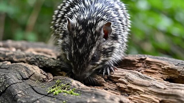 Coendou prehensilis on a log in the forest.