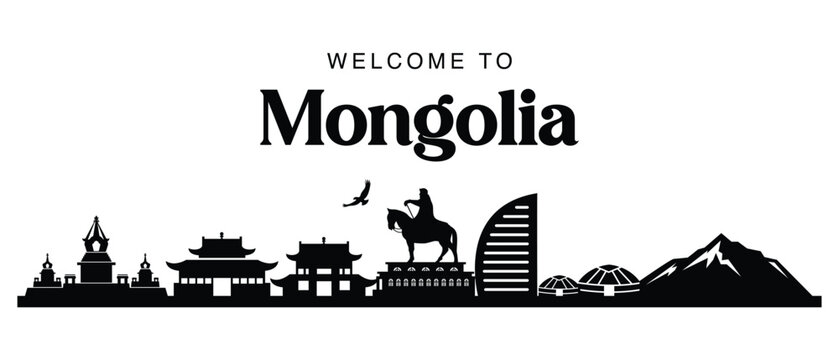 Mongolia Black and White Skyline Landmarks and Cultural Silhouette