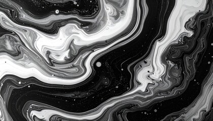 Black, white, and gray swirls blend together creating an abstract liquid marble effect