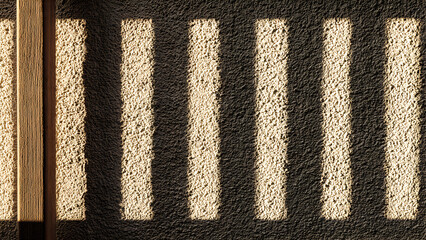 Hard sunlight creating micro-interval fence shadows across a textured wall forming tight rhythmic minimal pattern