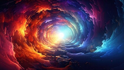 A spiraling tunnel of vibrant, colorful clouds leading towards a bright, glowing light