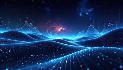 Futuristic digital landscape with undulating blue light waves and celestial background