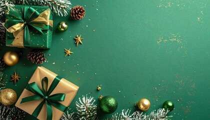 Festive flat lay, presents with ribbons, ornaments, pine cones, and faux evergreen, emerald green background