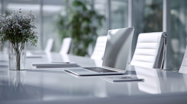 Modern conference room with laptop, plant and sleek design elements - Powered by Adobe