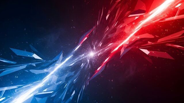 Dynamic abstract explosion of vibrant red and electric blue light shards colliding in dark space for epic backgrounds