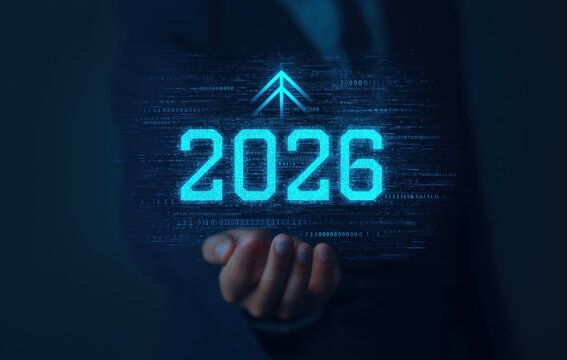 Businessman presenting 2026 as a future growth concept with upward arrows and binary code, featuring ample copy space