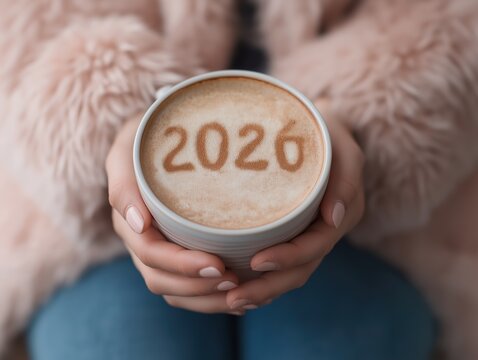 Woman's hands holding a warm coffee cup with 2026 latte art, symbolizing new year greetings and future plans