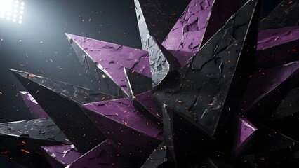 Dynamic abstract crystal structure explodes with vibrant purple and dark stone textures under dramatic stadium light