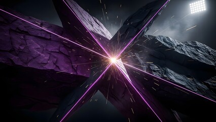 Dynamic abstract explosion of purple neon energy crossing jagged dark rock structures under stadium lighting
