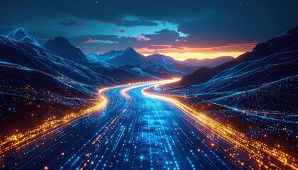 Digital stream flowing through mountains at dusk with data streams