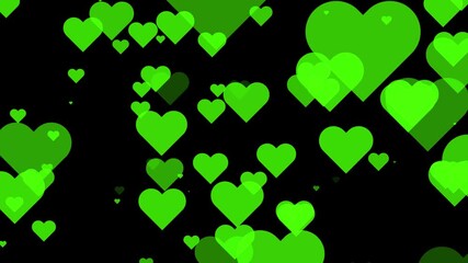 Bright green hearts of different sizes scattered across a black background love romance
