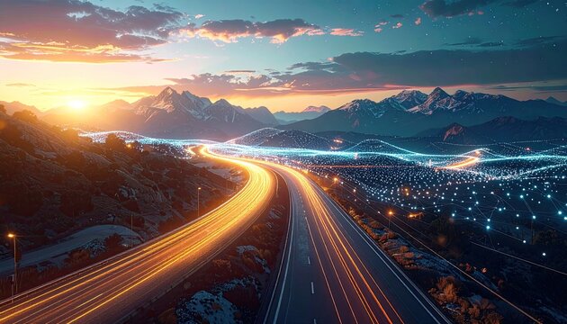 Composite image freeway with light trails, mountains, network grid, sunset sky - Powered by Adobe