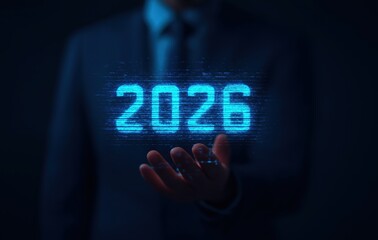 Businessman presenting glowing 2026 digital text, representing future technology, business forecasting, and upcoming events with copy space
