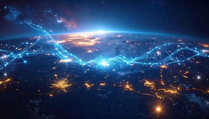 Illuminated digital network over a planet's surface at night, with a bright celestial light