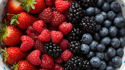 Assorted Fresh Mixed Berries in White Bowl with Blue Polka Dots – Top-Down View of Strawberries, Raspberries, Blackberries and Blueberries