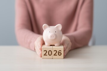 Woman hands holding a piggy bank and wooden cubes with the number 2026, representing future financial saving and investment planning