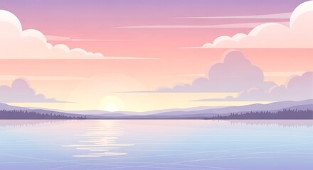 Fototapeta premium Serene Sunset Over Calm Lake with Mountain Silhouette and Clouds.