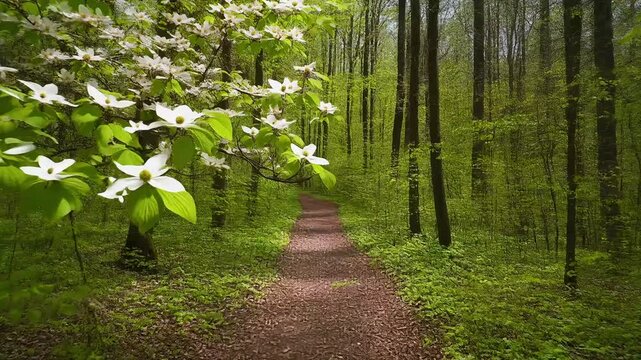 Lush, vibrant spring forest with a dirt pathway lined by blooming white dogwood trees and fresh, bright green foliage.